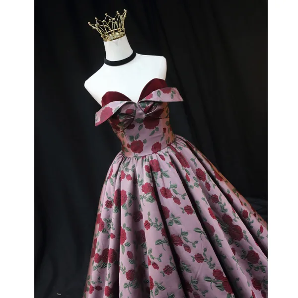 Vintage / Originale Bordeaux Rose Impression Robe De Bal 2022 Princesse Satin Bustier Sans Manches Dos Nu Longue Promo Robe De Ceremonie