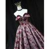 Vintage / Retro Burgundy Rose Printing Prom Dresses 2022 A-Line / Princess Satin Strapless Sleeveless Backless Floor-Length / Long Prom Formal Dresses