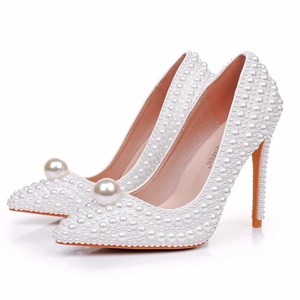 Elegante Witte Parel Bruidsschoenen 2025 11 cm Naaldhakken / Stiletto Spitse Neus Huwelijk Pumps Hoge Hakken