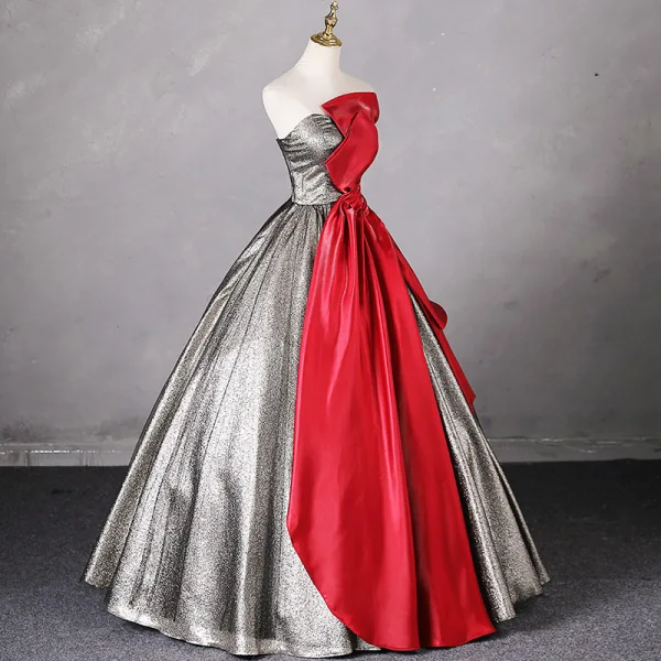 Unusual Grey Two Tone Satin Prom Dresses 2024 Ball Gown Strapless Sleeveless Backless Floor-Length / Long Prom Formal Dresses
