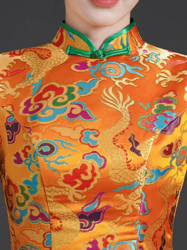 Chinese style Gold Embroidered Cheongsam / Qipao Evening Dresses 2025 Trumpet / Mermaid High Neck Short Sleeve Sweep Train Evening Party Cheongsam