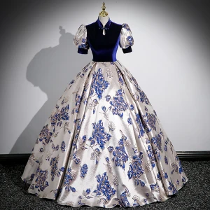 Chinese Style Vintage Retro Navy Blue Printing Prom Dresses 2023 Ball Gown High Neck Short Sleeve Floor Length Long Prom Formal Dresses