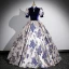 Chinese style Vintage / Retro Navy Blue Printing Prom Dresses 2023 Ball Gown High Neck Short Sleeve Floor-Length / Long Prom Formal Dresses