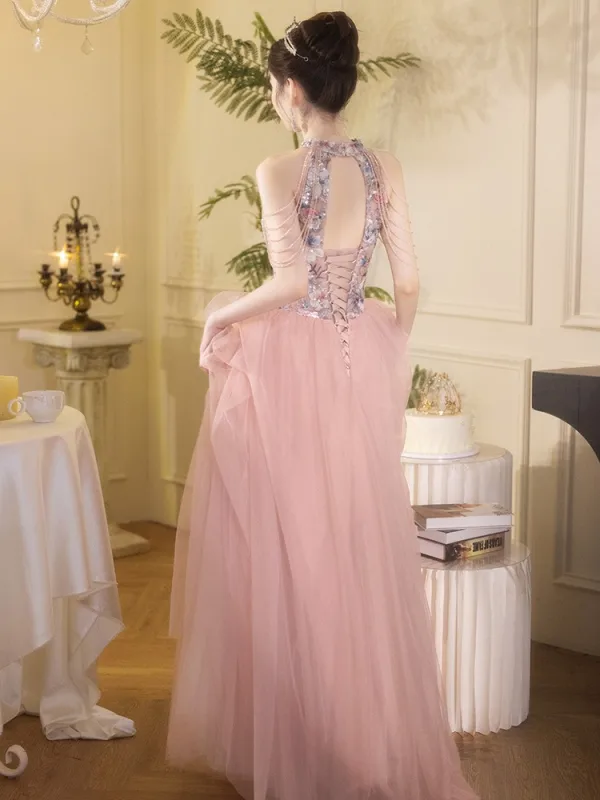Chic / Beautiful Blushing Pink Beading Cascading Ruffles Printing Prom Dresses 2025 A-Line / Princess High Neck Sleeveless Backless Floor-Length / Long Tulle Formal Dresses