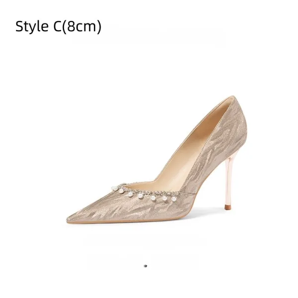 Charming Silver Rhinestone Pearl Leather Wedding Shoes 2026 8 cm Stiletto Heels Pointed Toe Wedding Pumps High Heels