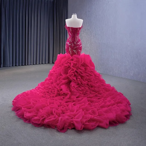 High-end Fuchsia Handmade  Beading Pearl Sequins Cascading Ruffles Prom Dresses 2023 Trumpet / Mermaid Strapless Sleeveless Backless Royal Train Prom Formal Dresses