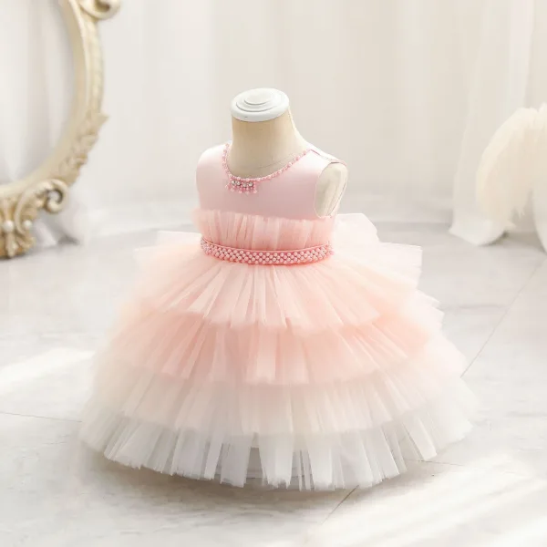 Chic / Beautiful Sky Blue Cascading Ruffles Birthday Flower Girl Dresses 2023 Ball Gown Scoop Neck Sleeveless Pearl Sash Floor-Length / Long Flower Girl Dresses