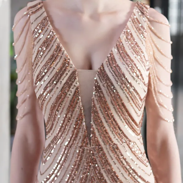 Charming White Beading Sequins Evening Dresses 2023 Trumpet / Mermaid V-Neck Sleeveless Backless Floor-Length / Long Evening Party Formal Dresses