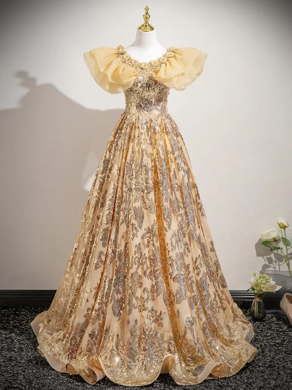 Scintillantes Champagne Perlage Paillettes En Dentelle Fleur Robe De Bal 2025 Robe Boule Encolure Dégagée Sans Manches Dos Nu Longue Promo Robe De Ceremonie