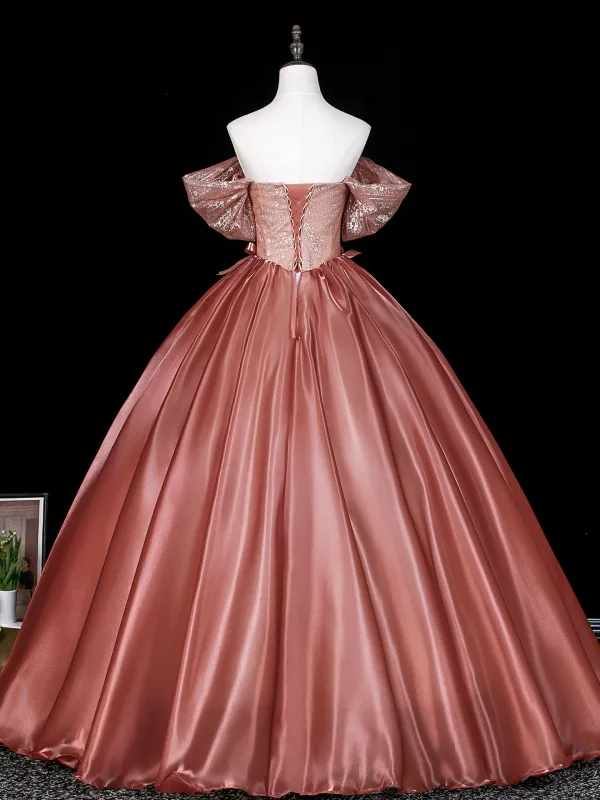 Dreamy Rose Gold Sequins Bow Appliques Prom Dresses 2026 Ball Gown Off-The-Shoulder Short Sleeve Backless