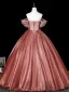 Dreamy Rose Gold Sequins Bow Appliques Prom Dresses 2026 Ball Gown Off-The-Shoulder Short Sleeve Backless