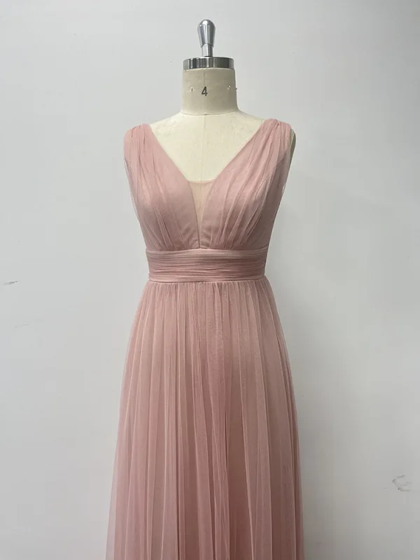Chic / Beautiful Blushing Pink Prom Dresses 2024 A-Line / Princess V-Neck Sleeveless Backless Floor-Length / Long Prom Formal Dresses