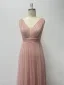 Chic / Beautiful Blushing Pink Prom Dresses 2024 A-Line / Princess V-Neck Sleeveless Backless Floor-Length / Long Prom Formal Dresses