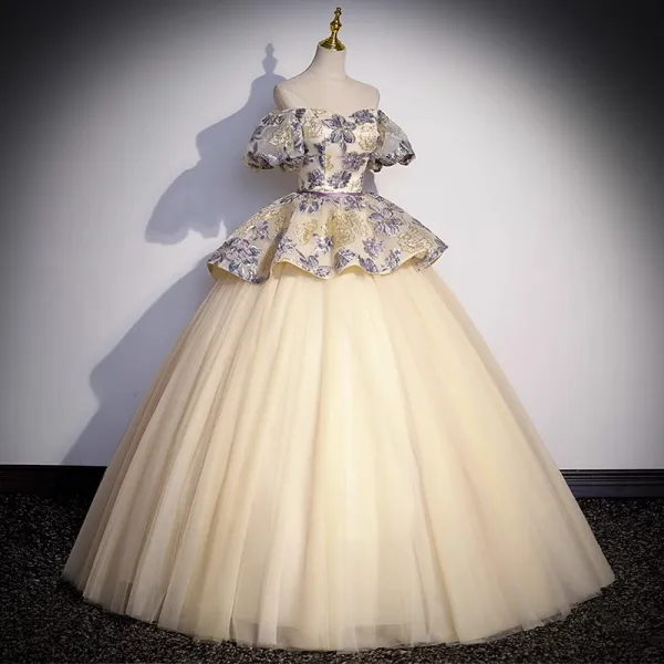 Elegant Champagne Cascading Ruffles Printing Prom Dresses 2023 Ball Gown Off-The-Shoulder Puffy Short Sleeve Backless Floor-Length / Long Prom Formal Dresses