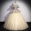 Elegant Champagne Cascading Ruffles Printing Prom Dresses 2023 Ball Gown Off-The-Shoulder Puffy Short Sleeve Backless Floor-Length / Long Prom Formal Dresses