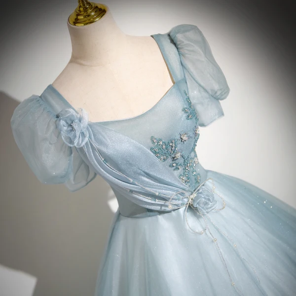 Elegant Sky Blue Beading Prom Dresses 2024 Ball Gown Square Neckline Short Sleeve Backless Floor-Length / Long Prom Formal Dresses