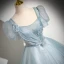 Elegant Sky Blue Beading Prom Dresses 2024 Ball Gown Square Neckline Short Sleeve Backless Floor-Length / Long Prom Formal Dresses