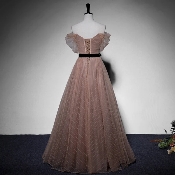 Chic / Beautiful Tan Spotted Prom Dresses 2022 A-Line / Princess Off-The-Shoulder Short Sleeve Backless Sash Bow Floor-Length / Long Formal Dresses