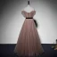 Chic / Beautiful Tan Spotted Prom Dresses 2022 A-Line / Princess Off-The-Shoulder Short Sleeve Backless Sash Bow Floor-Length / Long Formal Dresses