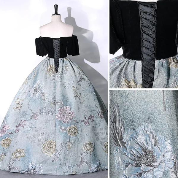 Elegant Sequins Flower Black Prom Dresses 2023 Ball Gown Off-The-Shoulder Short Sleeve Backless Floor-Length / Long Prom Formal Dresses