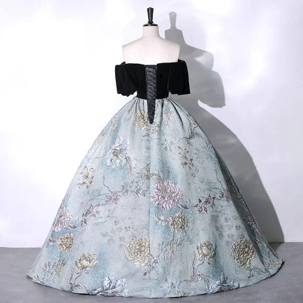 Elegant Sequins Flower Black Prom Dresses 2023 Ball Gown Off-The-Shoulder Short Sleeve Backless Floor-Length / Long Prom Formal Dresses