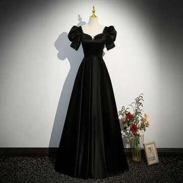Élégant Noire Satin Robe De Soirée 2023 Princesse Perle Encolure Carrée Faux Diamant Noeud Gonflée Manches Courtes Dos Nu Longue Soirée Robe De Ceremonie