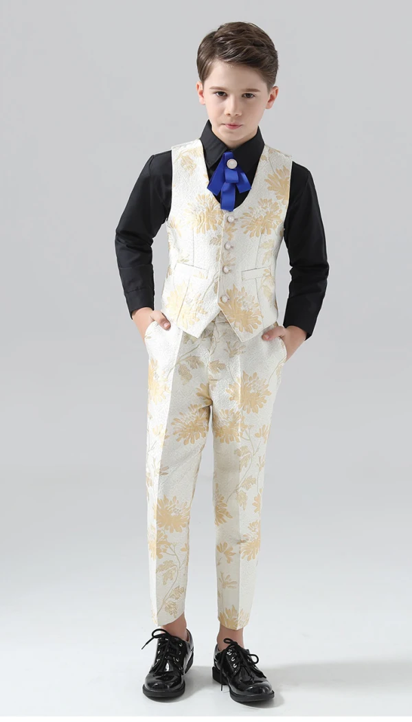 Fashion Yellow Printing 5-piece Long Sleeve Boys Wedding Suits 2024 Coat Pants Shirt Tie Vest