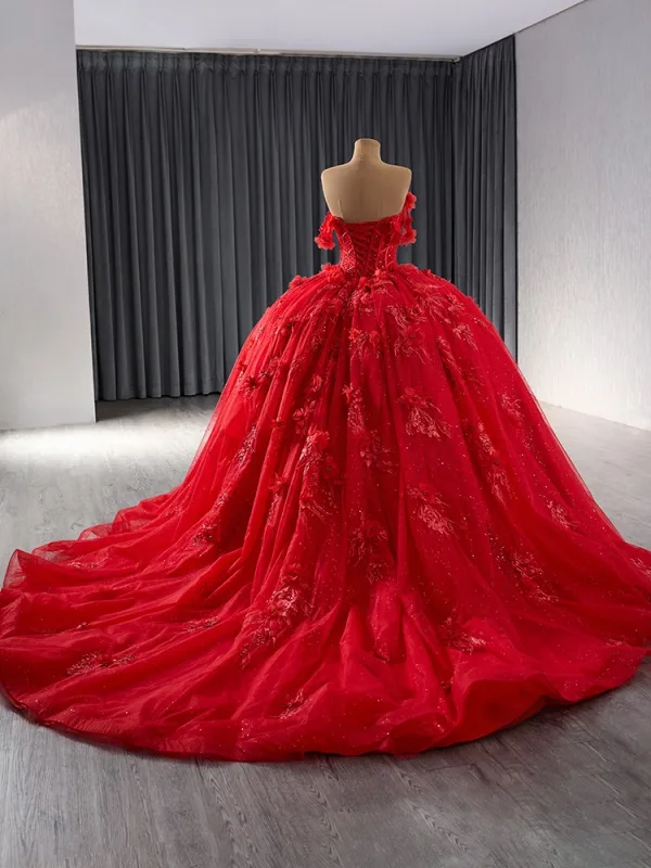 Haut de Gamme Rouge Perlage Perle Paillettes En Dentelle Fleur Appliques Robe De Bal 2024 Robe Boule De l'épaule Sans Manches Dos Nu Chapel Train Promo