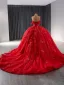 Haut de Gamme Rouge Perlage Perle Paillettes En Dentelle Fleur Appliques Robe De Bal 2024 Robe Boule De l'épaule Sans Manches Dos Nu Chapel Train Promo
