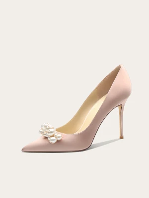 Élégant Champagne Perle Chaussure De Mariée 2024 Cuir 10 Cm Talons Aiguilles À Bout Pointu Mariage Escarpins Talons Hauts