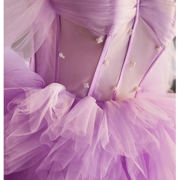 Charming Lavender Cascading Ruffles Pearl Prom Dresses 2023 Ball Gown Off-The-Shoulder Short Sleeve Backless Court Train Prom Formal Dresses