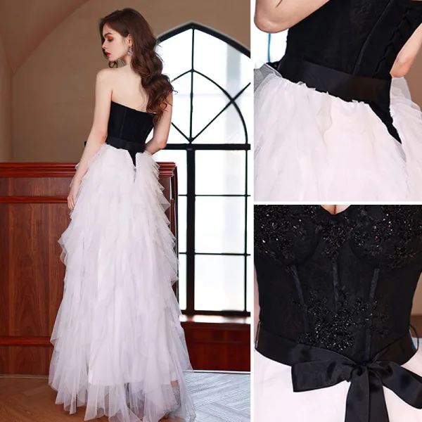 Fashion Black Ruffle Prom Dresses 2022 A-Line / Princess Strapless Lace Flower Sleeveless Backless Bow Sash Floor-Length / Long Formal Dresses