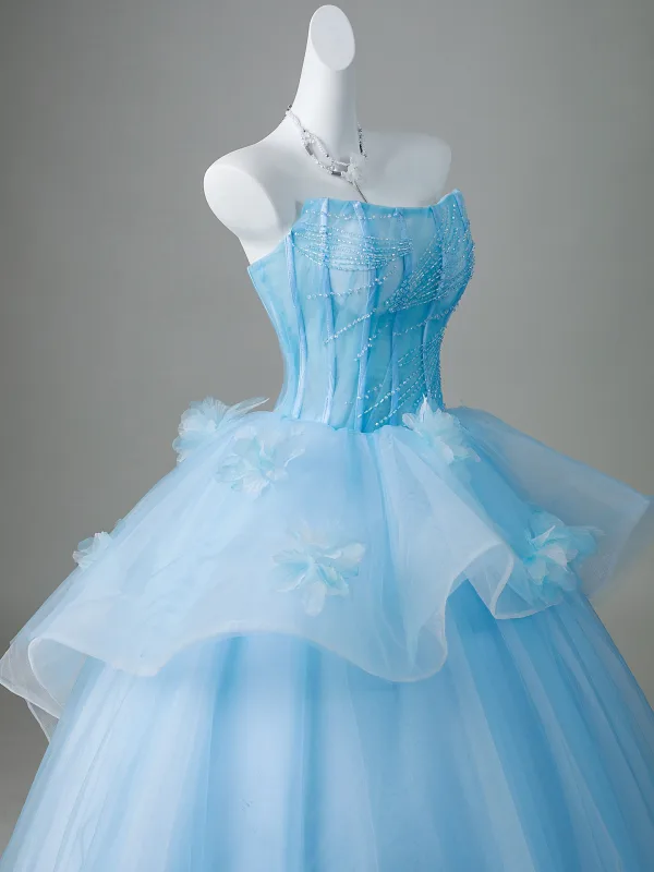 Elegant Sky Blue Appliques Beading Prom Dresses 2026 Ball Gown Strapless Sleeveless Backless Floor-Length / Long Prom Formal Dresses