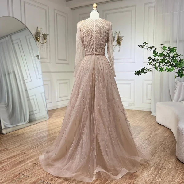 High-end Royal Blue Handmade  Beading Prom Dresses 2024 A-Line / Princess V-Neck Long Sleeve Floor-Length / Long Prom Formal Dresses