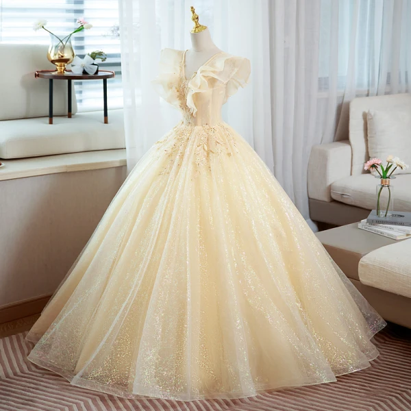 Elegant Champagne Lace Sequins Prom Dresses 2022 Ball Gown V-Neck Sleeveless Backless Floor-Length / Long Prom Formal Dresses