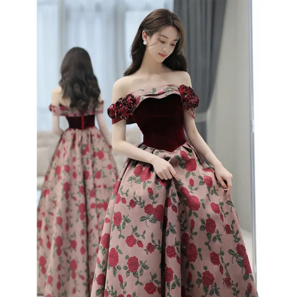 Elegant Burgundy Printing Prom Dresses 2023 A-Line / Princess Off-The-Shoulder Sleeveless Backless Tea-length Prom Formal Dresses