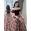 Elegant Burgundy Printing Prom Dresses 2023 A-Line / Princess Off-The-Shoulder Sleeveless Backless Tea-length Prom Formal Dresses