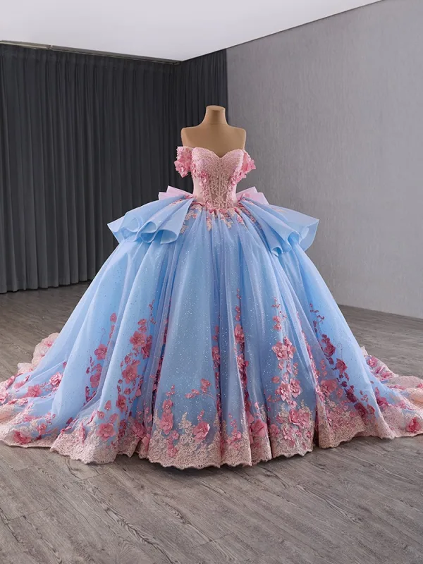 Luxury / Gorgeous Blushing Pink Appliques Pearl Lace Flower Prom Dresses 2024 Ball Gown Off-The-Shoulder Short Sleeve Backless Bow Court Train Prom Formal Dresses