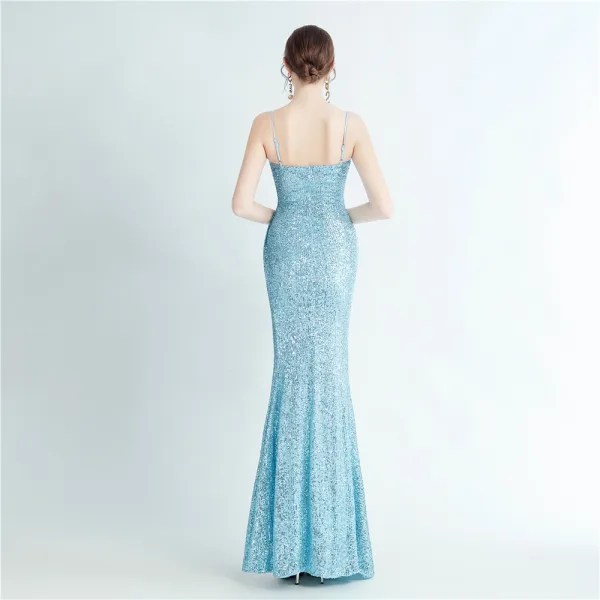 Sexy Bling Bling Bleu Ciel Paillettes Fendue devant Robe De Soirée 2024 Trompette / Sirène Bretelles Spaghetti Sans Manches Dos Nu Longue Soirée Robe De Ceremonie