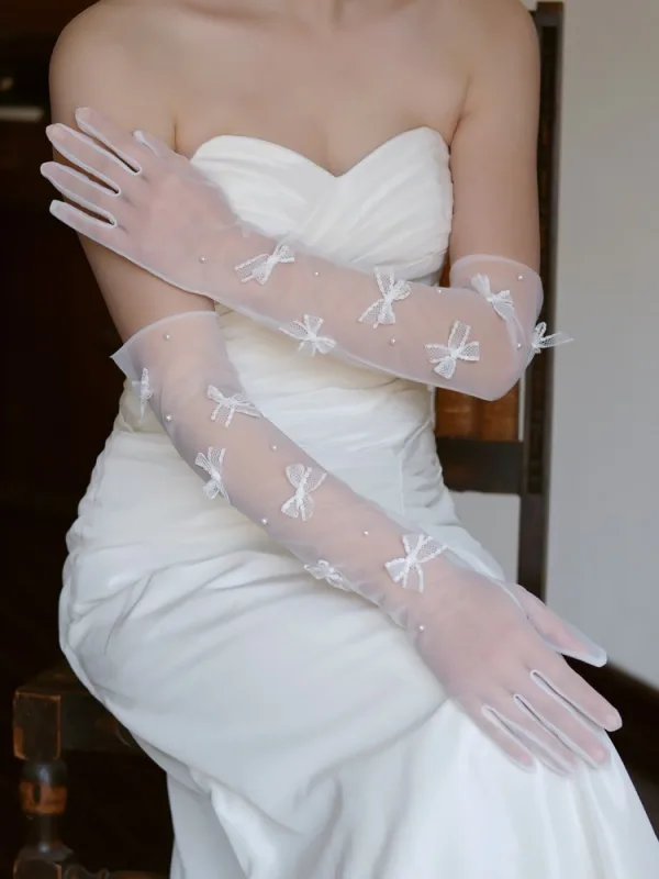 Vintage / Retro White Bow Pearl Wedding Bridal Gloves 2025 Tulle