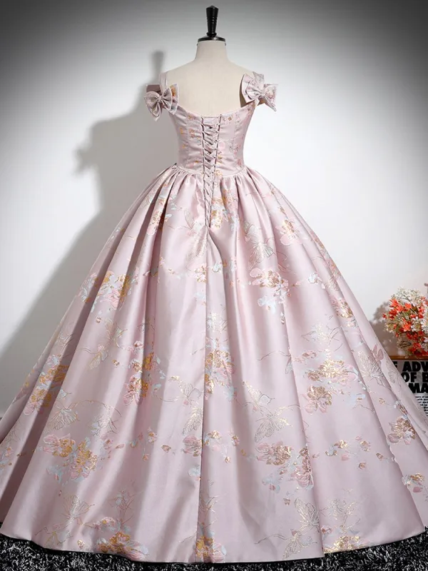 Elegant Beige Lace Flower Bow Satin Prom Dresses 2024 Ball Gown Square Neckline Sleeveless Backless Floor-Length / Long Prom Formal Dresses