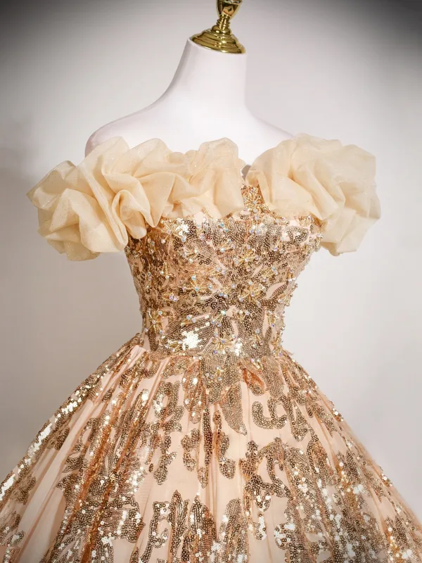 Sparkly Champagne Sequins Prom Dresses 2025 Ball Gown Ruffle Off-The-Shoulder Short Sleeve Backless Floor-Length / Long Formal Dresses