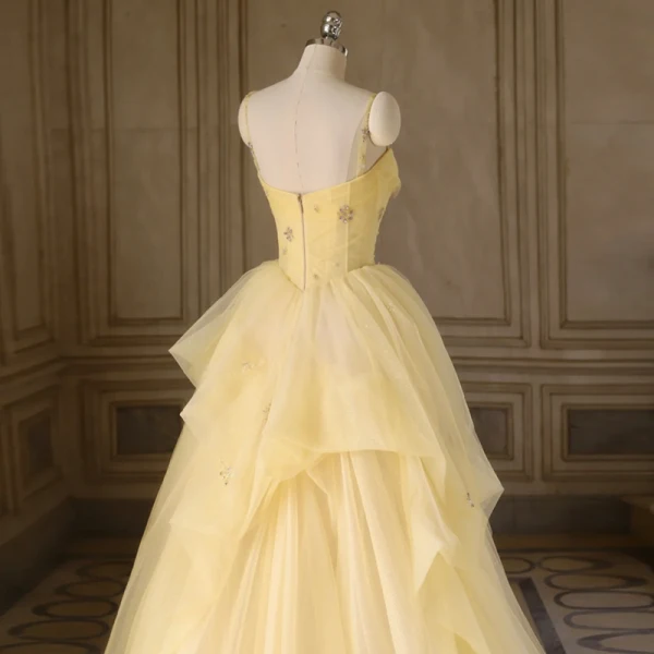 Chic / Beautiful Yellow Prom Dresses 2022 Ball Gown Spaghetti Straps Pearl Rhinestone Sequins Sleeveless Floor-Length / Long Formal Dresses