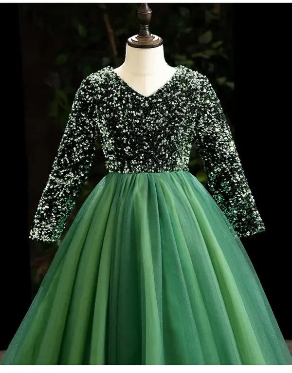 Vintage / Retro Green Sequins Birthday Flower Girl Dresses 2024 Ball Gown V-Neck Long Sleeve Floor-Length / Long