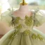 Chic / Beautiful Sage Green Beading Birthday Flower Girl Dresses 2025 Ball Gown Scoop Neck Puffy Short Sleeve Backless Floor-Length / Long