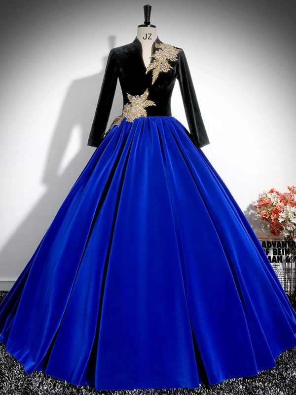 Vintage / Retro Royal Blue Beading Lace Flower Velvet Prom Dresses 2024 Ball Gown V-Neck Long Sleeve Backless Floor-Length / Long Prom Formal Dresses