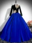 Vintage / Retro Royal Blue Beading Lace Flower Velvet Prom Dresses 2024 Ball Gown V-Neck Long Sleeve Backless Floor-Length / Long Prom Formal Dresses