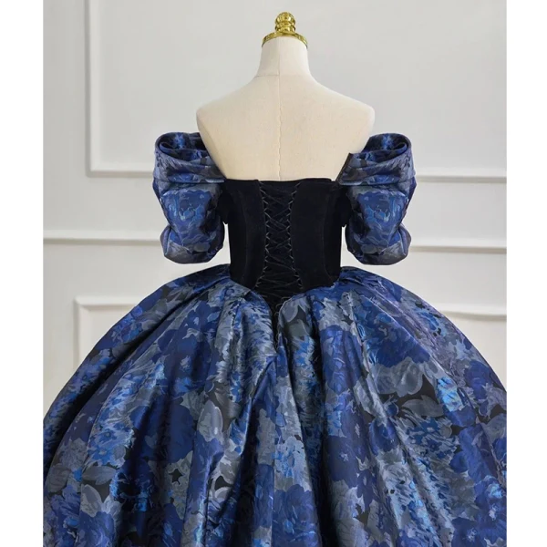 Elegant Ocean Blue Winter Printing Prom Dresses 2023 Ball Gown Off-The-Shoulder Rhinestone Short Sleeve Backless Floor-Length / Long Prom Formal Dresses