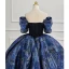 Elegant Ocean Blue Winter Printing Prom Dresses 2023 Ball Gown Off-The-Shoulder Rhinestone Short Sleeve Backless Floor-Length / Long Prom Formal Dresses