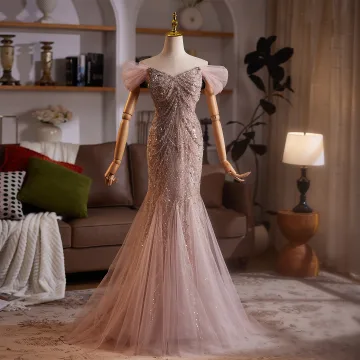 High End Charming Champagne Beading Sequins Evening Dresses 2025 Trumpet Mermaid Off The Shoulder Short Sleeve Backless Sweep Train Evening Party Formal Dresses